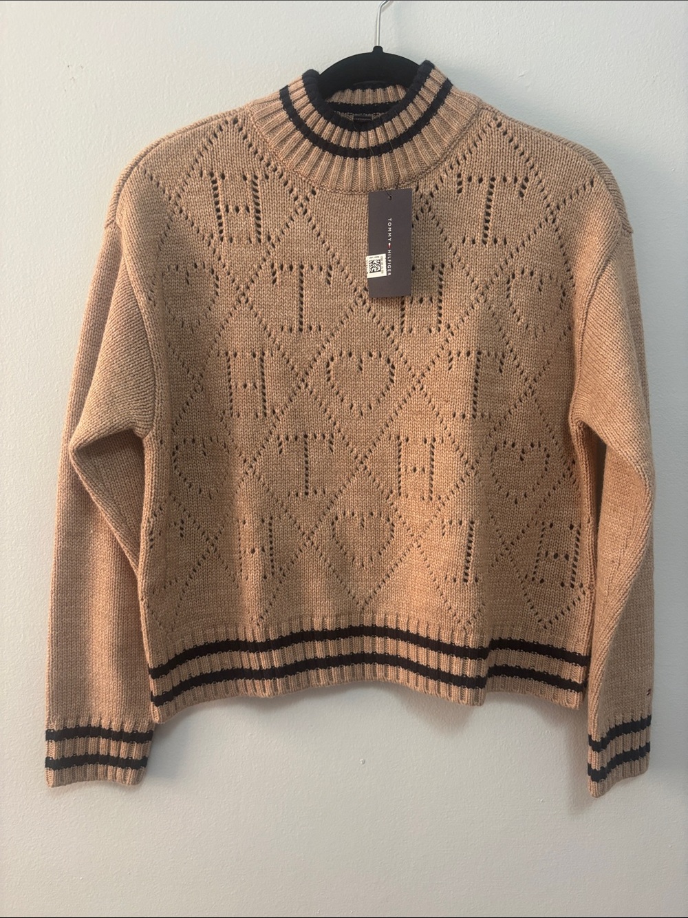 Tommy Hilfiger Beige Knit Turtleneck Sweater with Black Trim